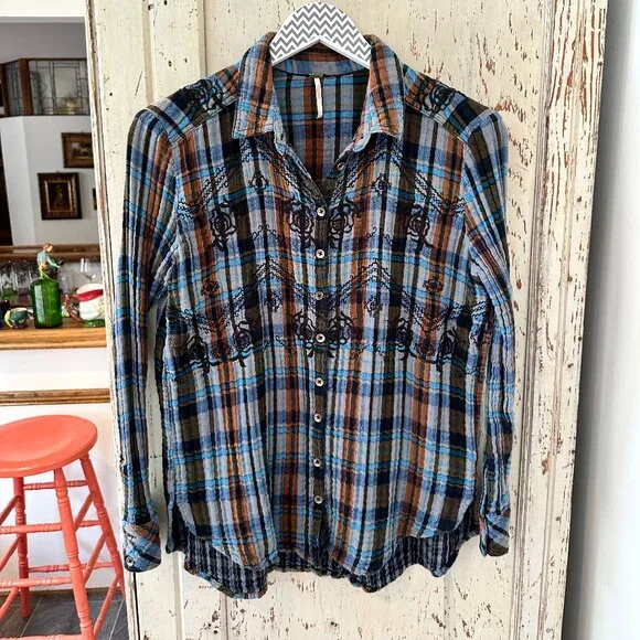 Free People Magical Plaid Embroidered Button Down Plaid Shirt - Blue and Brown - Picture 2 of 8